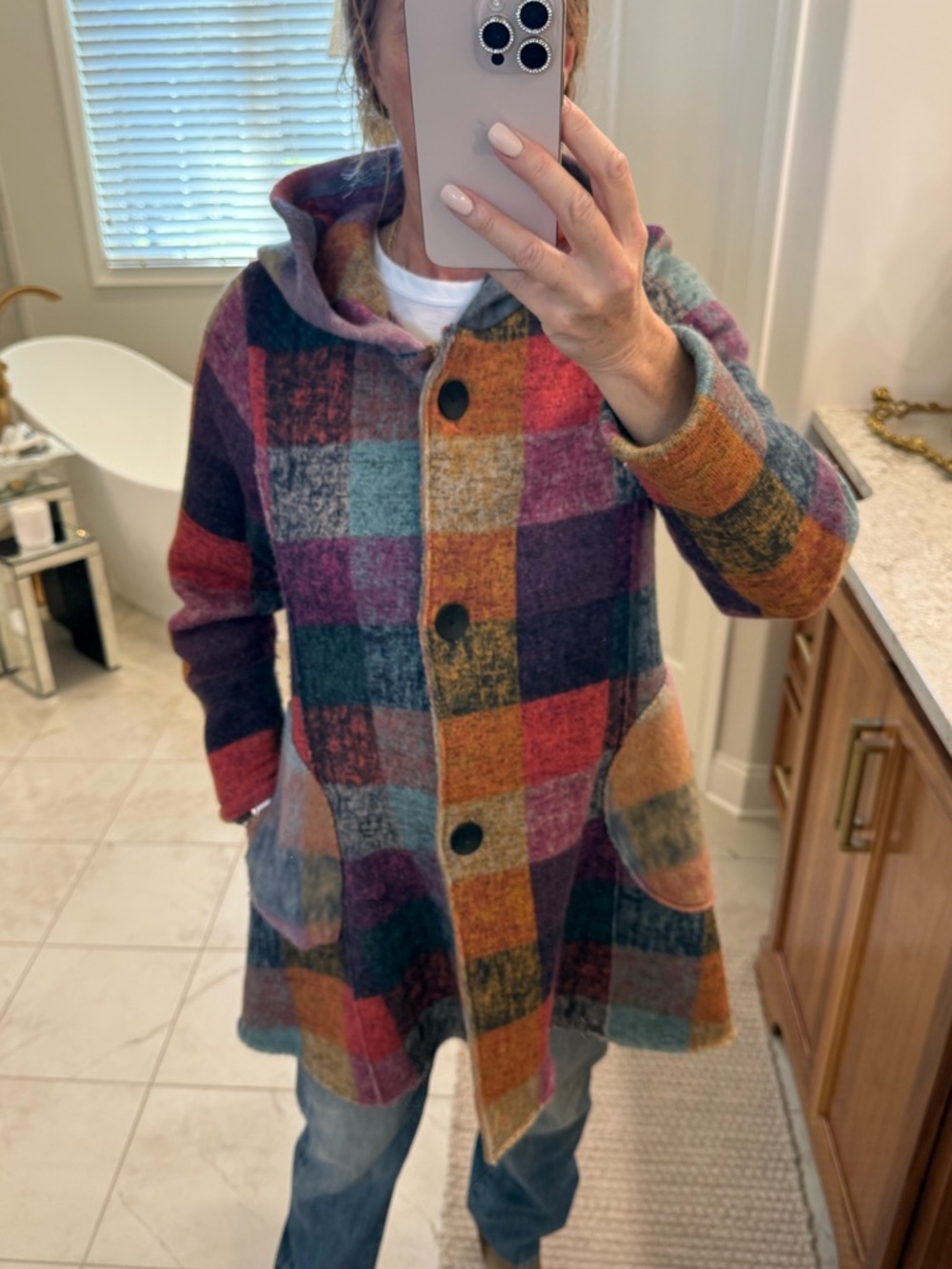 Damee Inc Multicolor Plaid Hooded Swing Coat Jacket Small